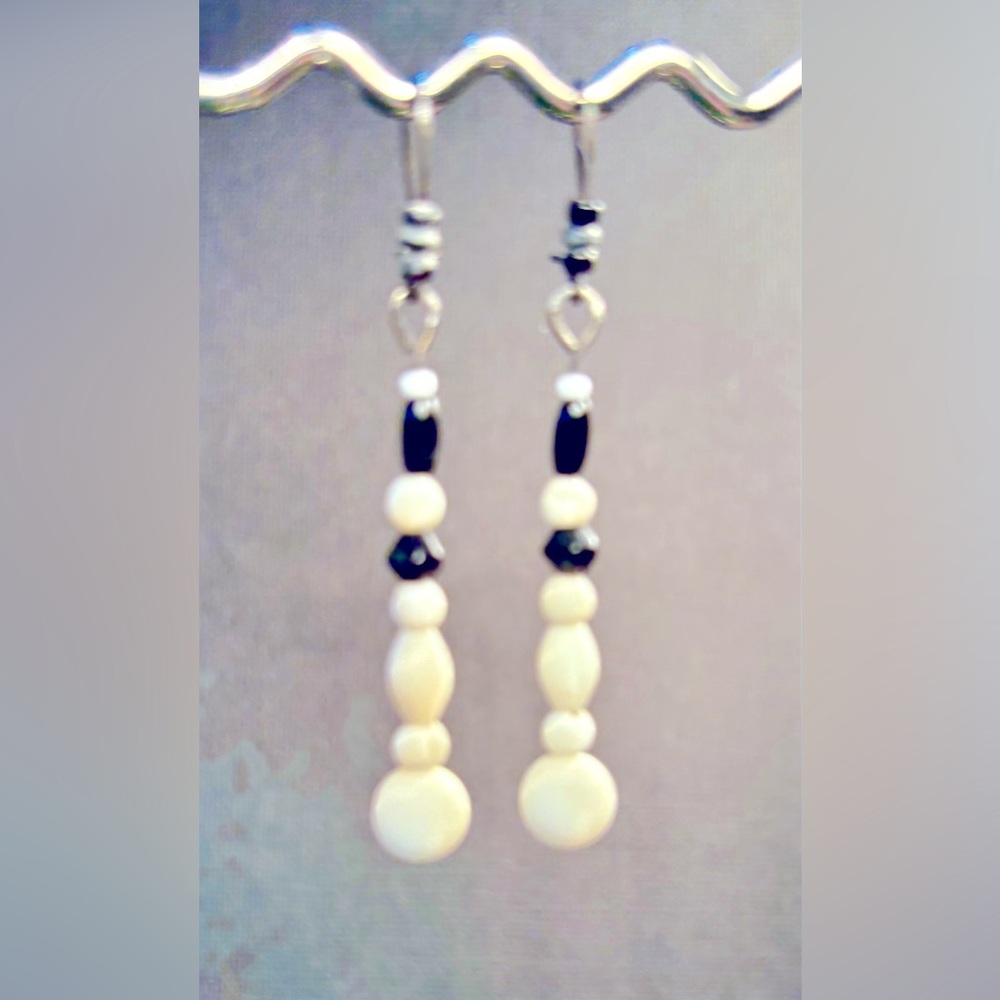 Earrings Pierced Handcrafted Dangly Unique Design Women White & Black Glass Bead